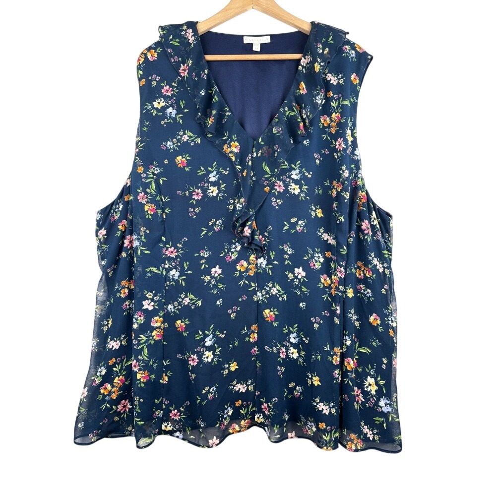Marybelle Blouse Womens 5X Navy Floral‎ Ruffle V Neck Sleeveless Plus Size